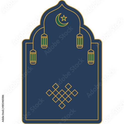 A Traditional Dark Blue Islamic Prayer Mat with Crescent Moon and Star Symbols Illustration