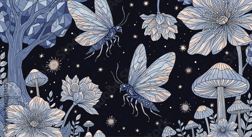 A magical night in the enchanted forest with glowing moths and whimsical mushrooms.