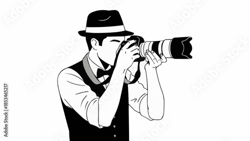 Vintage Photographer Capturing a Moment with Professional Camera.