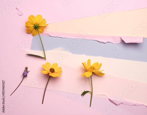 春を感じる黄色の花とパステルカラーの紙背景