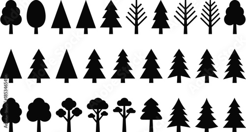 Black tree silhouettes vector set of forest nature icons isolated on white background illustration for landscape design projects commercial use