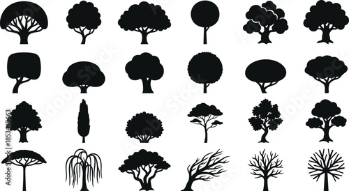 Black tree silhouettes vector set various shapes forest nature icons isolated on white background illustration for landscape design projects use