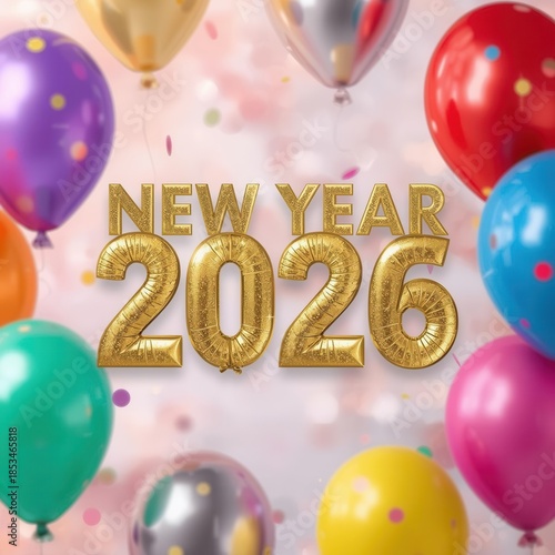 Golden metallic New Year 2026 text surrounded by colorful balloons and confetti on a soft bokeh background.
