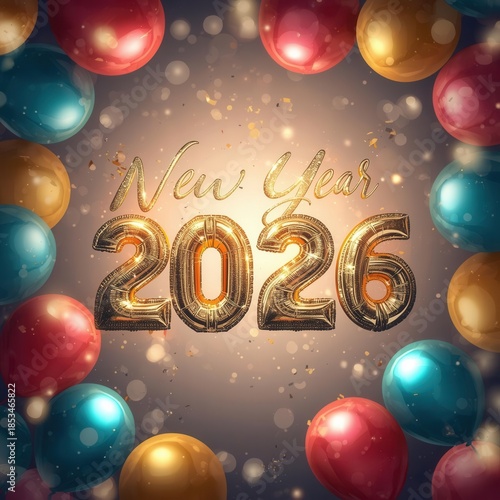 Golden metallic New Year 2026 text surrounded by red, blue, and gold balloons with sparkling confetti on a glowing festive background.