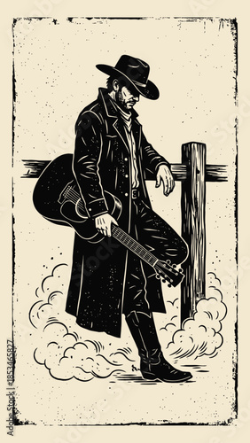 Vintage Western Cowboy with Guitar Engraving Style