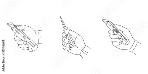 Hand holding craft knife and screwdriver tool line art vector illustration set showing grip on utility cutter and screwdriver. Maintenance equipment and manual labor tools. DIY repair and construction