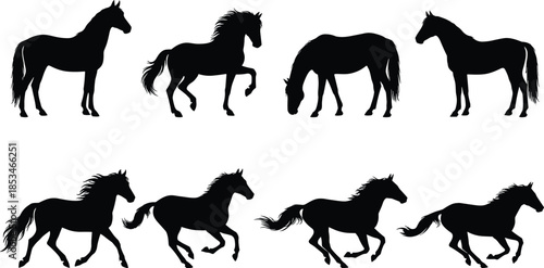 Horse silhouettes vector set running standing grazing poses isolated on white background illustration for equestrian wildlife farm animal design use