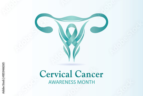 Elegant Cervical Cancer Awareness Month design featuring a stylized uterus combined with a teal awareness ribbon. This illustration symbolizes women’s health, early detection, and prevention.