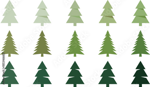 Minimal pine tree vector set flat forest icons in green shades isolated on white background illustration for nature design use