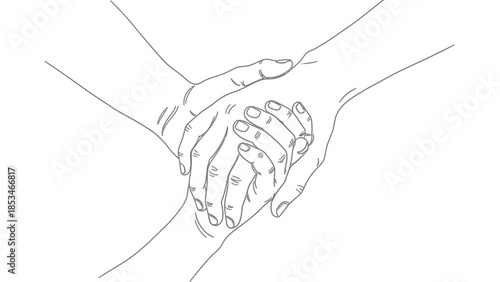 Close-up line drawing of two hands clasped together in support.