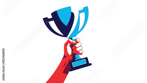 Hand holding a blue and black trophy celebrating victory.