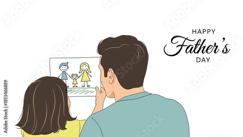 Father and child admire family drawing on Fathers Day.