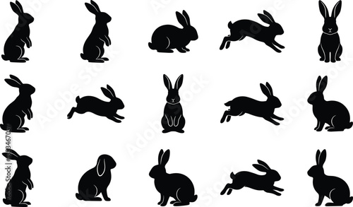 Rabbit silhouettes vector set cute bunny poses jumping sitting isolated on white background illustration for pet animal design use projects