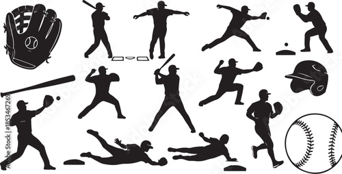 Baseball player silhouettes in various actions and poses