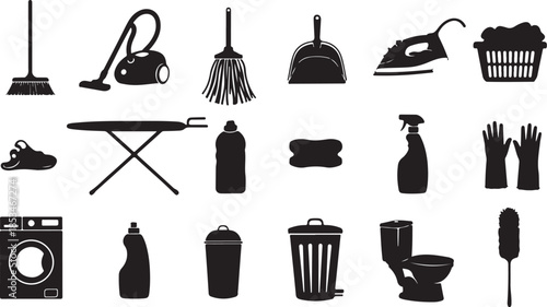 black silhouette icons of various cleaning tools
