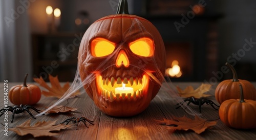 Spooky skull pumpkin glowing with eerie light amidst autumn leaves and toy spiders on a rustic table