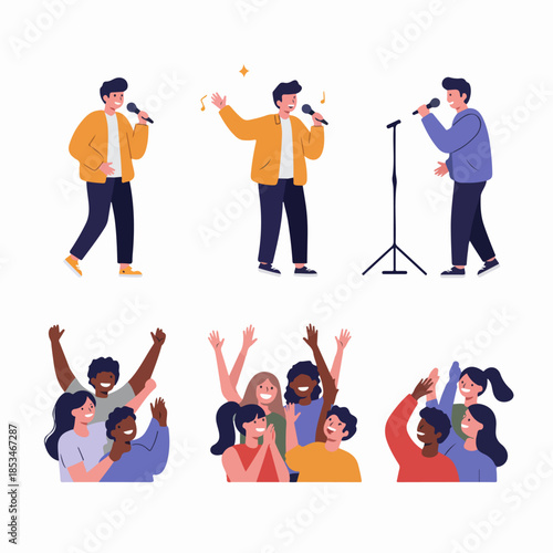 Set of vector illustrations depicting male singers performing with microphones and diverse, enthusiastic fans cheering them on.