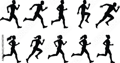 Running people silhouettes vector set athletes sprint jogging poses, isolated on white background illustration for fitness sport design use projects