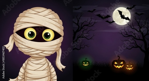 Spooky season fun: Cartoon mummy and jack-o'-lanterns under the moonlit sky
