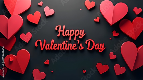 Black background with paper red hearts. The concept of Valentines Day, 14th February