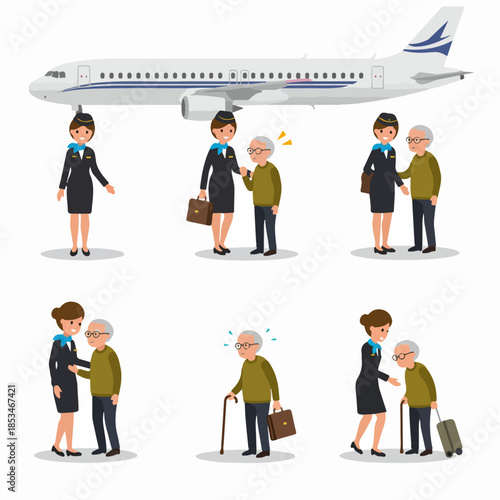 Flight attendant providing assistance and professional care services to an elderly passenger during air travel.