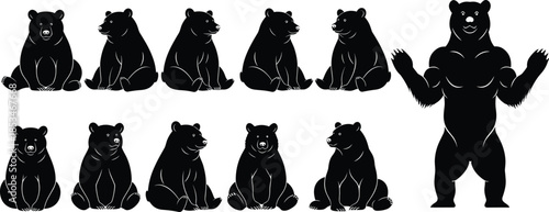 Vector Illustration Set of Black Bear Silhouettes, Featuring Various Sitting Poses, Wild Forest Grizzly Outlines, and a Standing Muscular Bear Character Design,