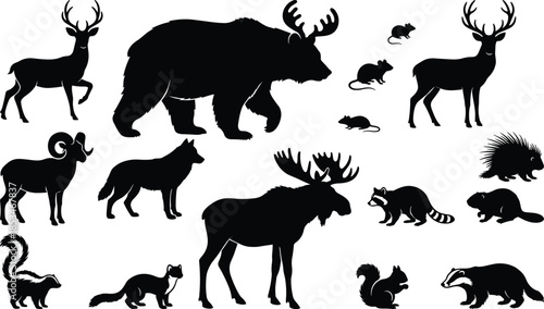 Wild forest animal silhouettes vector set bear deer moose wolf small mammals isolated on white background illustration for nature design
