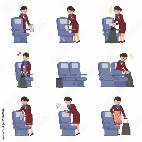Flight attendant service icons: Cabin crew cleaning airplane seats, collecting trash, and responding to passenger requests during flight operations.