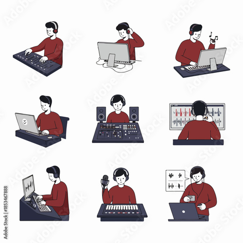 Collection of illustrations depicting music production, sound engineering, and audio recording activities, including DJing, mixing, podcasting, and composing music on computers.