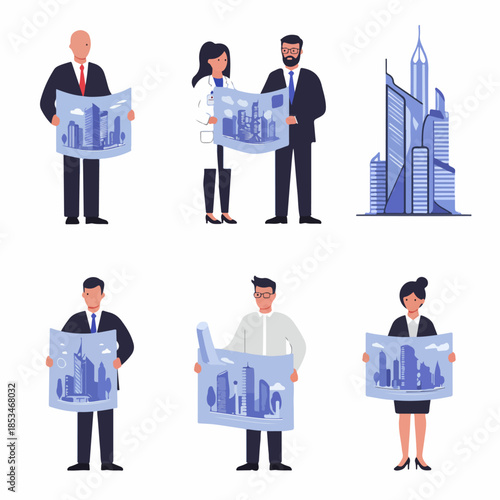 Architects, engineers, and business professionals examining city blueprints, symbolizing urban planning, real estate development, and corporate construction projects.