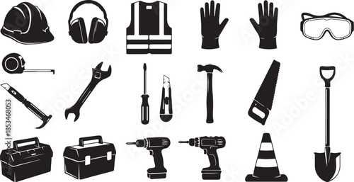 Construction tools and equipment icons in black and white