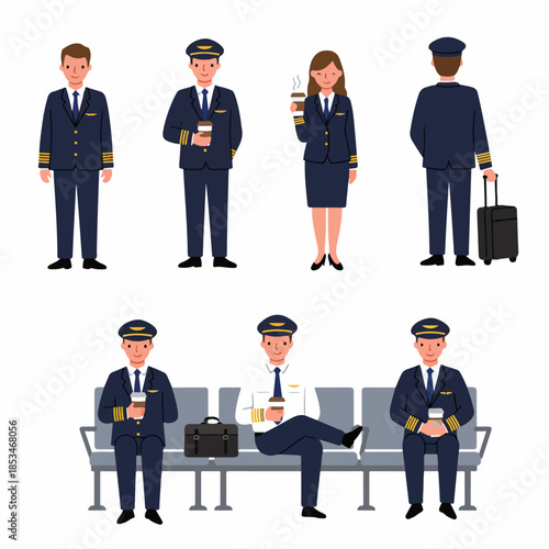 Diverse Set of Airline Pilots in Uniform Standing and Sitting, Ready for Flight, Airport Staff Vector Illustration.