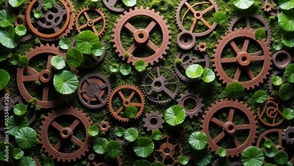 Fototapeta premium Rustic gears amidst green leaves