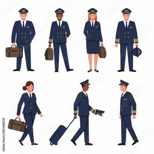 Diverse group of professional airline pilots in uniform, including men and women, standing and walking with bags. Flat vector illustration set.