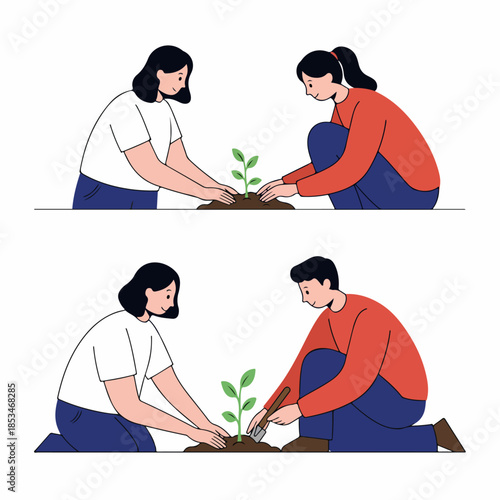 Friends and couples planting seedlings, illustrating teamwork, ecology, and growing a sustainable future for the environment.