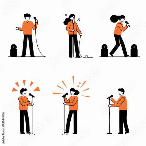 Vector illustration set of singers and speakers performing, holding microphones, and using stands, ideal for music, public speaking, and performance concepts.