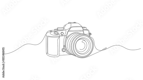 A minimalist continuous line drawing of a DSLR camera with a lens, set against a plain white background.