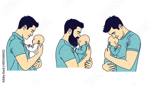 Three illustrations of fathers holding and bonding with their babies, showcasing tender moments of parental care and affection.