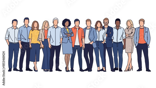 A diverse group of men and women standing together in a line, showcasing a variety of professional attire and ethnicities.