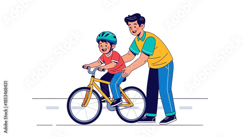 A father is teaching his son how to ride a bicycle, providing support and encouragement.