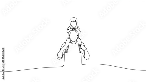 A minimalist line drawing depicts a father carrying his child on his shoulders, symbolizing family and connection.