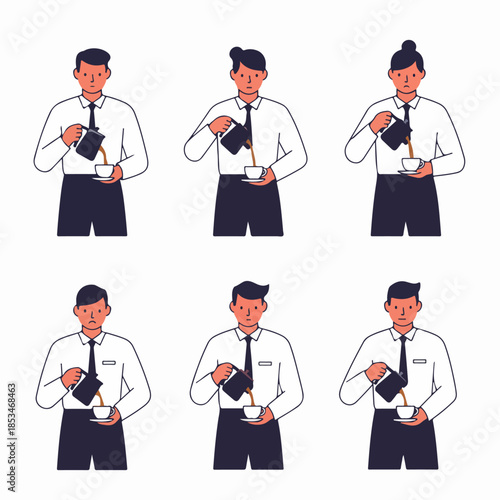 Six illustrations of business professionals or service staff pouring coffee from a pot into a cup, symbolizing break time, hospitality, or office service.