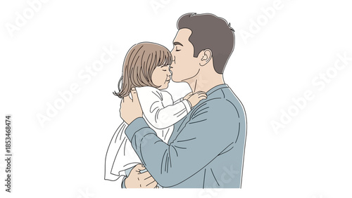 A loving father gently kisses his young daughter on the forehead while holding her close.