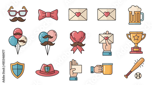 A collection of flat design icons representing Father's Day and masculine themes.