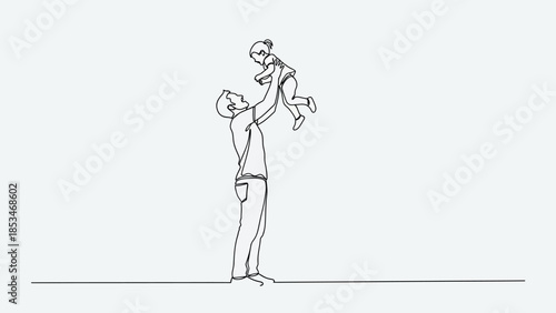 A minimalist line drawing depicts a father joyfully lifting his baby high into the air.