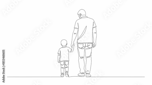 A father and his young son are holding hands and walking away from the viewer, depicted in a simple line drawing style.