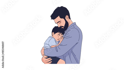 A loving father gently holds his young son, comforting him with a tender embrace.