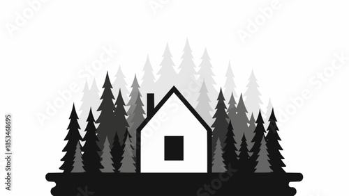 Minimalist House Silhouette Surrounded by Pine Trees.