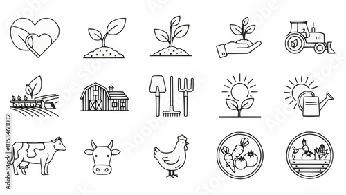 Collection of Farming and Agriculture Icons Representing Growth and Livestock.