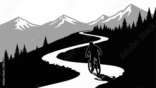 Silhouette of a person cycling on a winding mountain road.